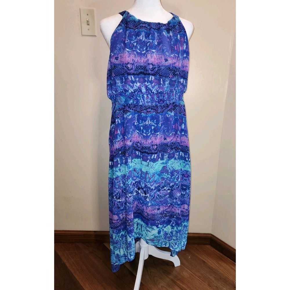 Chicos Breezy Vacation Halter Neck Chiffon Overlay Hi Low Dress Sz 2.5 Large NWT